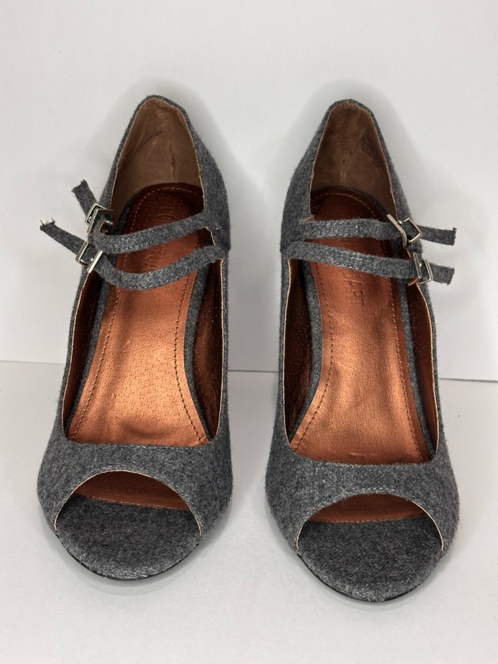 Colin Stuart Gray Wool Peep Toe Mary Jane Heels Double Strap Pumps Size 8.5